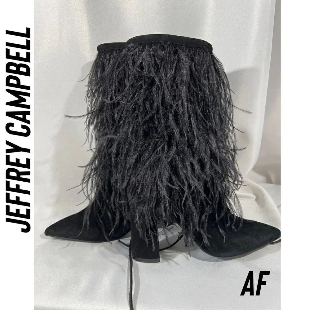 JEFFREY CAMPBELL SHAKE YA OSTRICH FEATHER BOOTS NEW BLACK - Picture 1 of 11